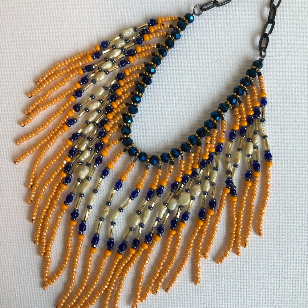 Fringed western tribal boho festival apricot and blue handmade necklace